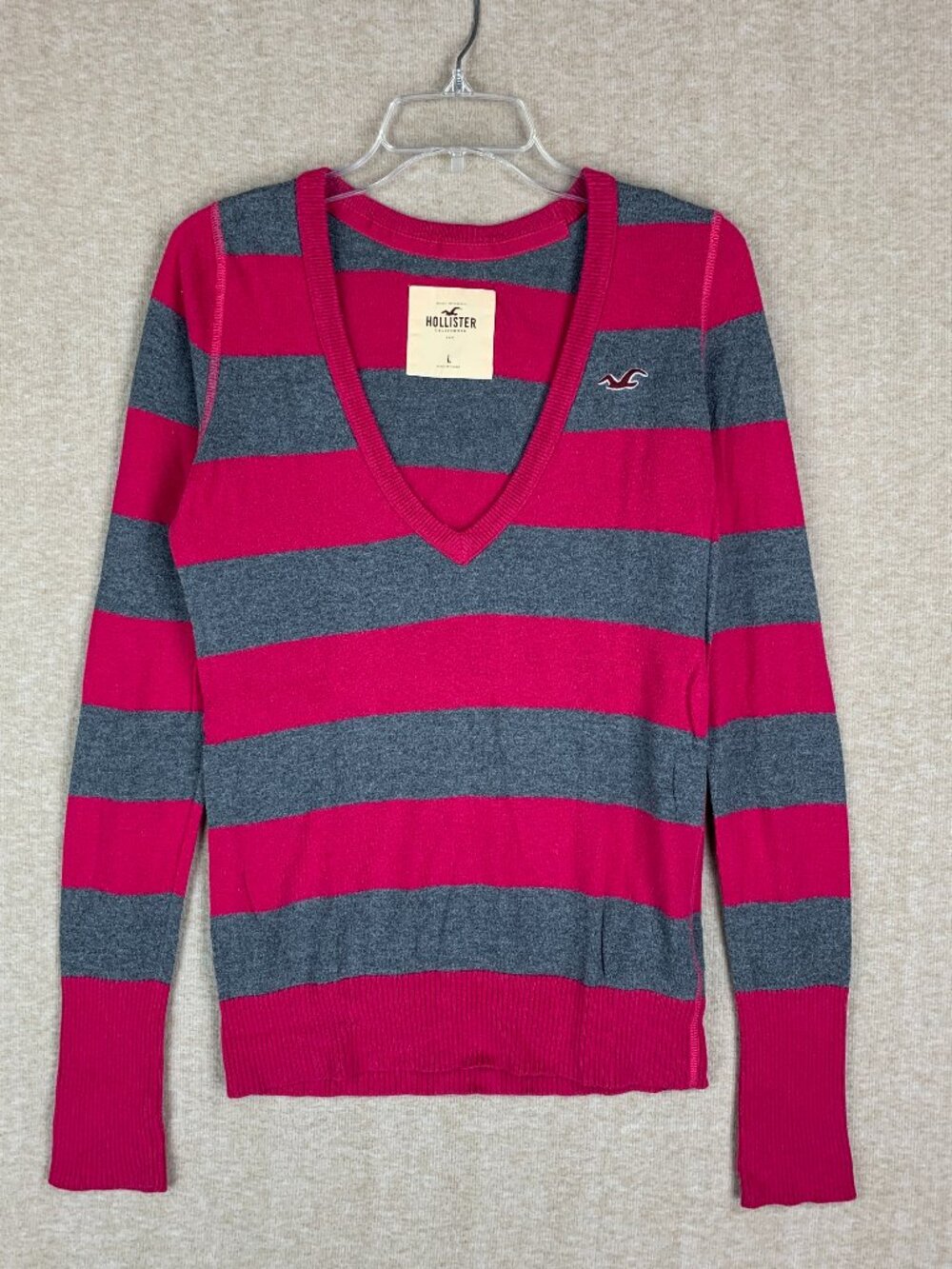 Vtg Y2K Hollister V Neck Sweater Sz L Gray Pink Preppy Bella Swan Babydoll 2000s